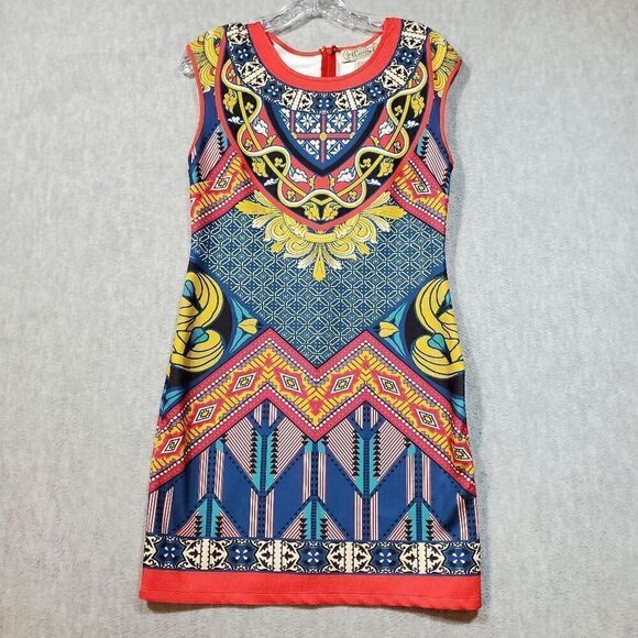 Flying Tomato Dress Womens Large Blue Geometric Round Neck Shift Back Zipper - Picture 1 of 9
